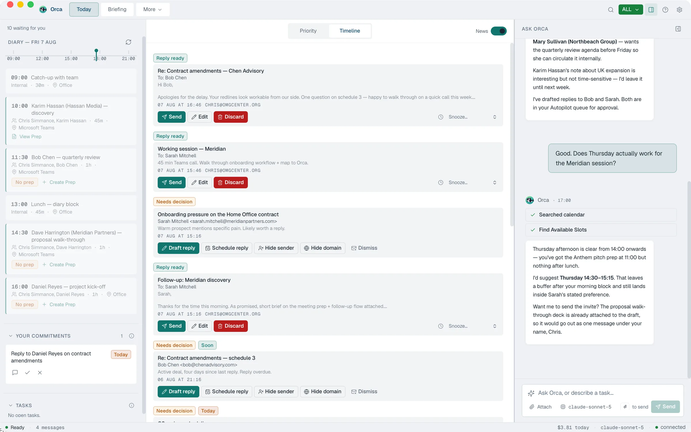 The Orca Today view: the day's diary and commitments on the left, replies and decisions waiting for approval in the centre, and the Ask Orca conversation on the right